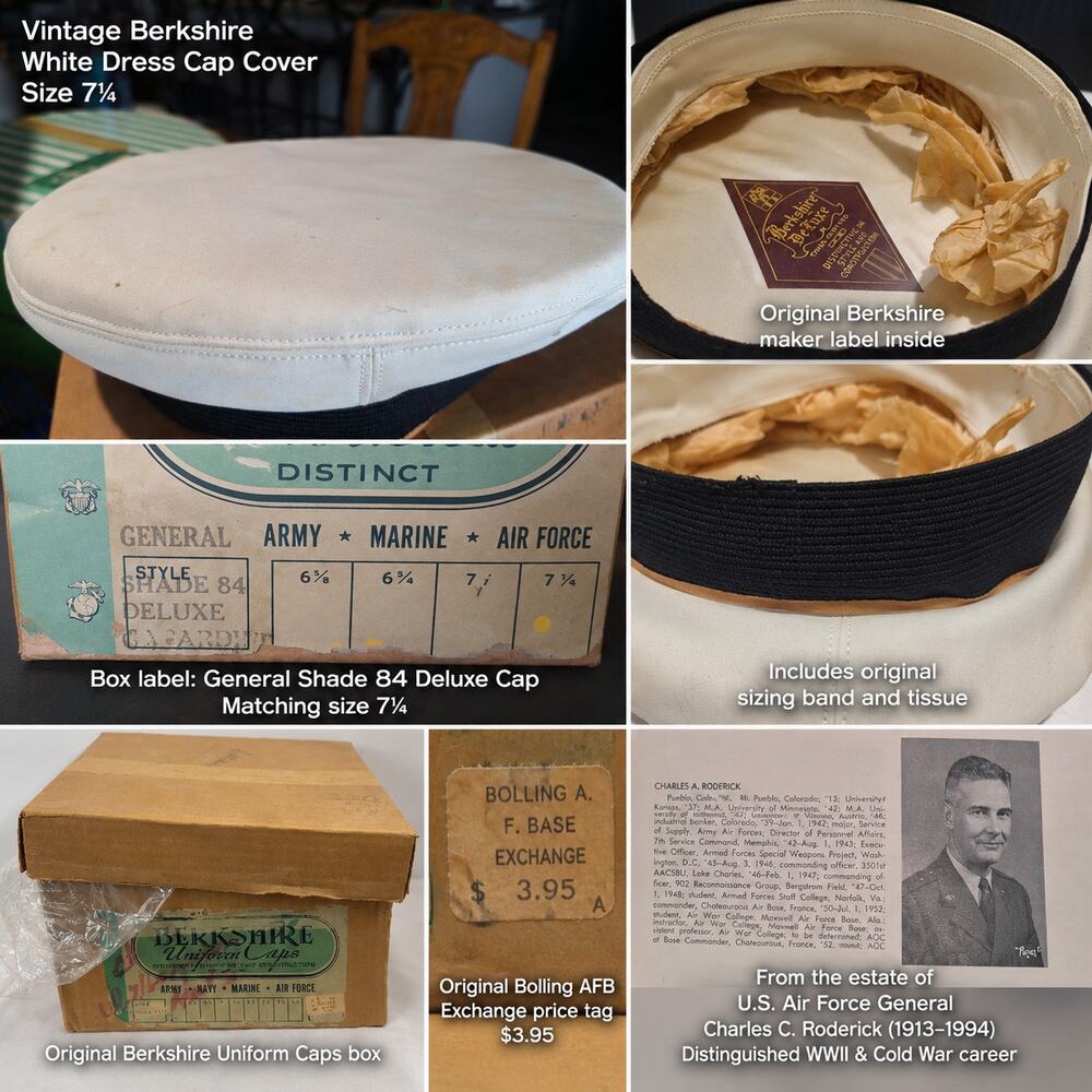 Berkshire White Cap Cover & Box General Charles C Roderick Estate USAF Sz 7¼